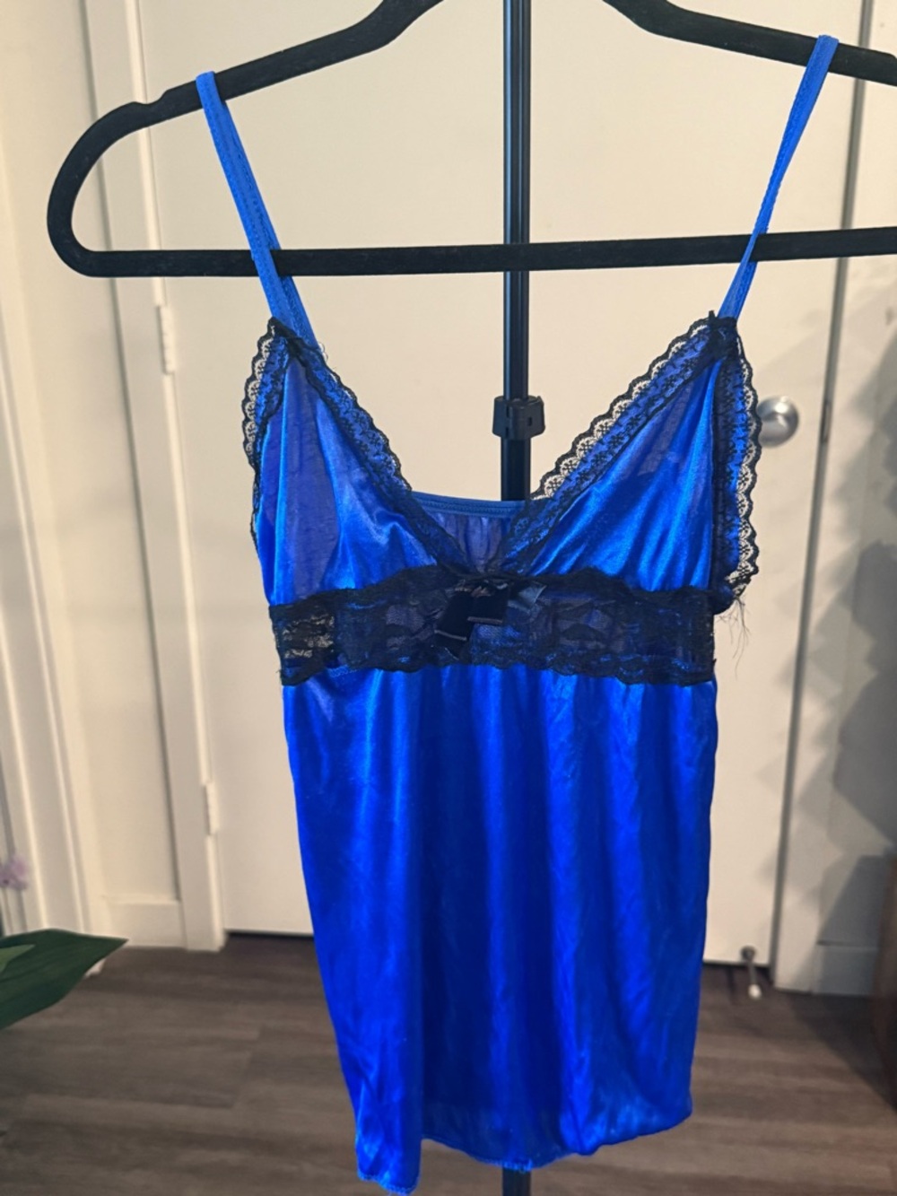 Source Unknown Royal Blue Satin Chemise with Black Lace Trim